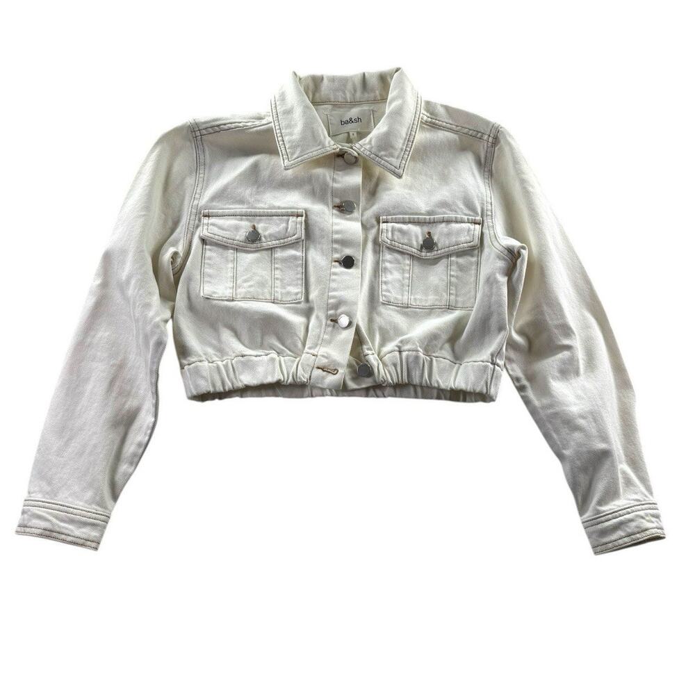 ba&sh Azalea Cropped Denim Jacket Womens XS (0) White Button Up Jean Cotton